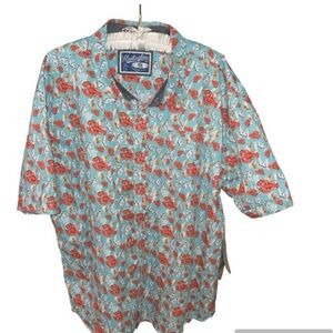 Huntington Beach Club Lobster and Fish Print Mens Short Sleeve Button Up